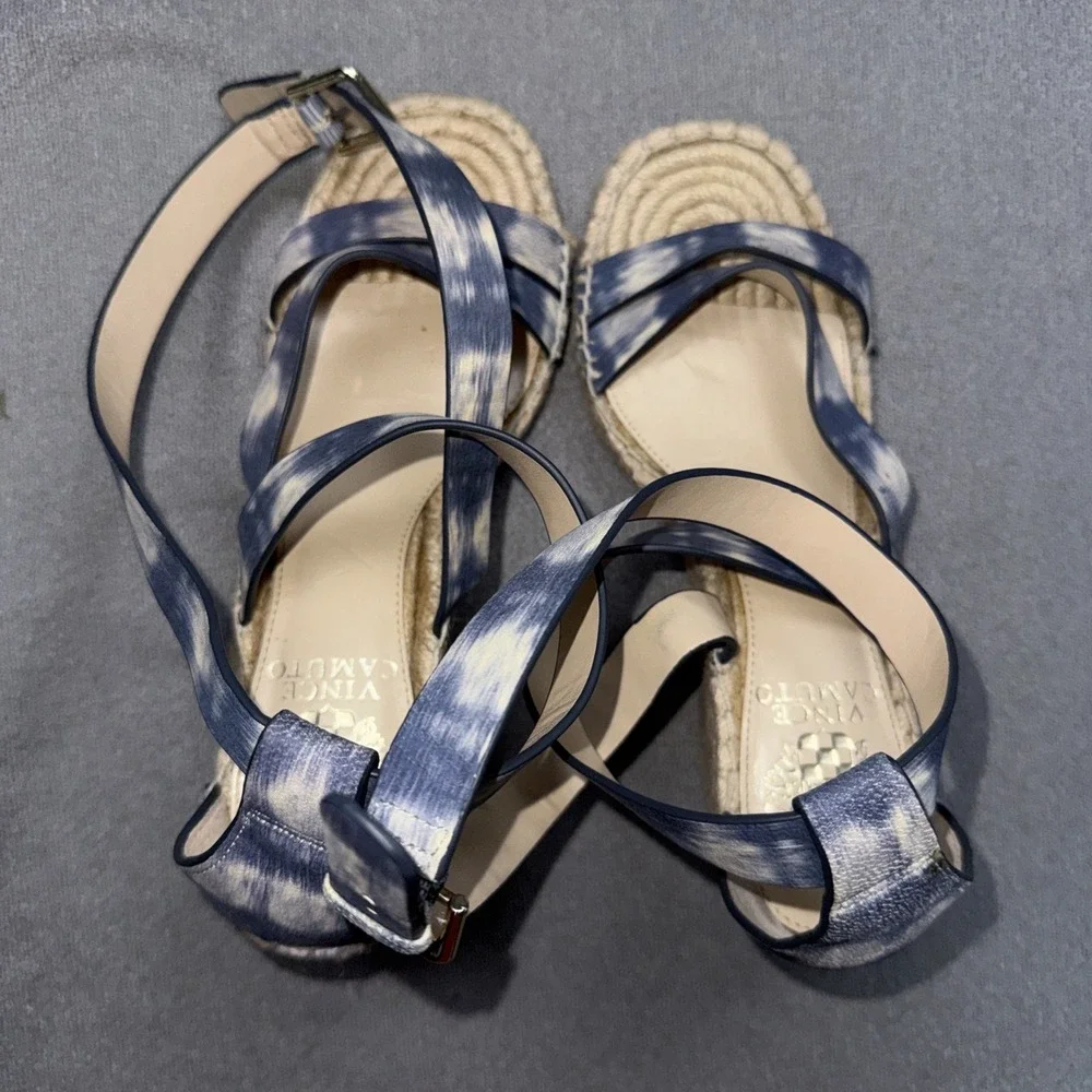 Vince Camuto Sandal Womens 7.5 Leddy Navy Espadrille Wedge Heel Ankle Wrap Suede
